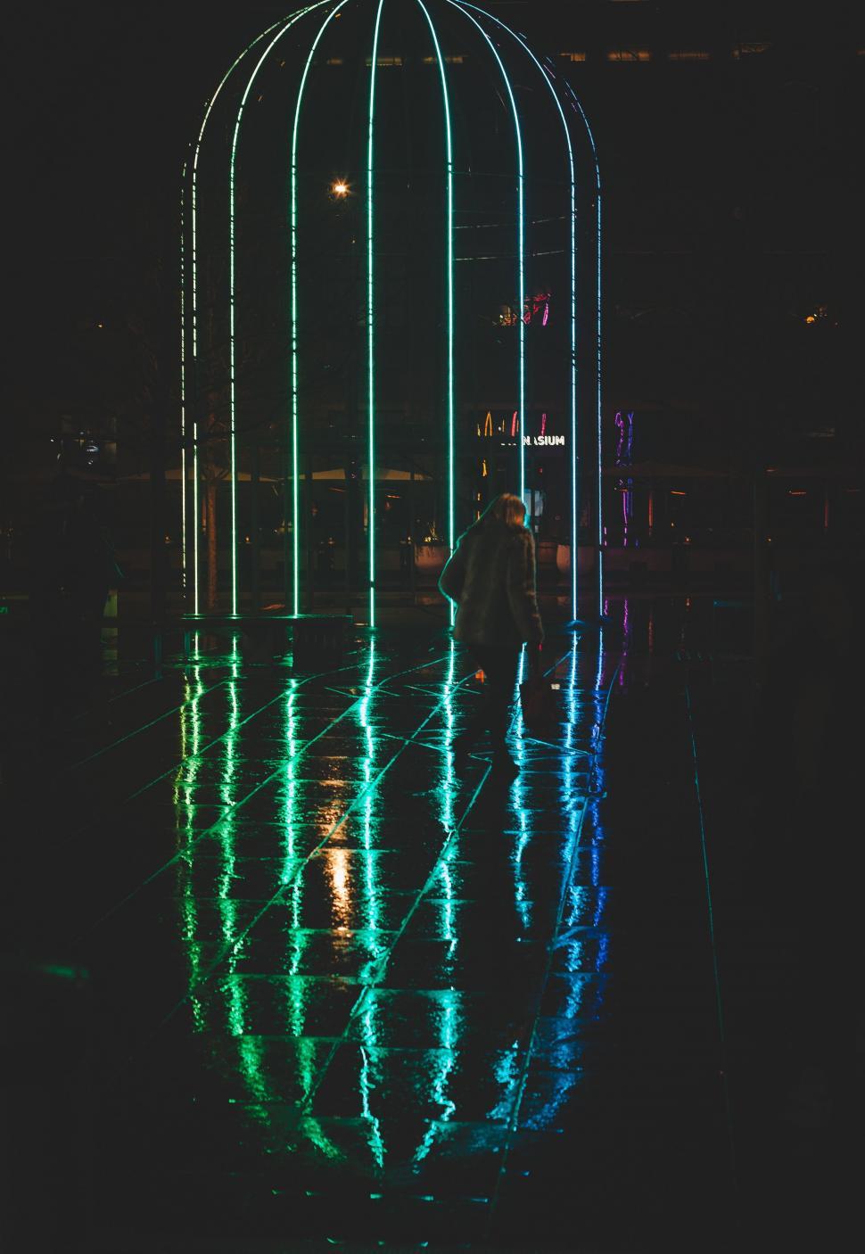 Free Image of Person Standing in Front of Lit Up Birdcage 