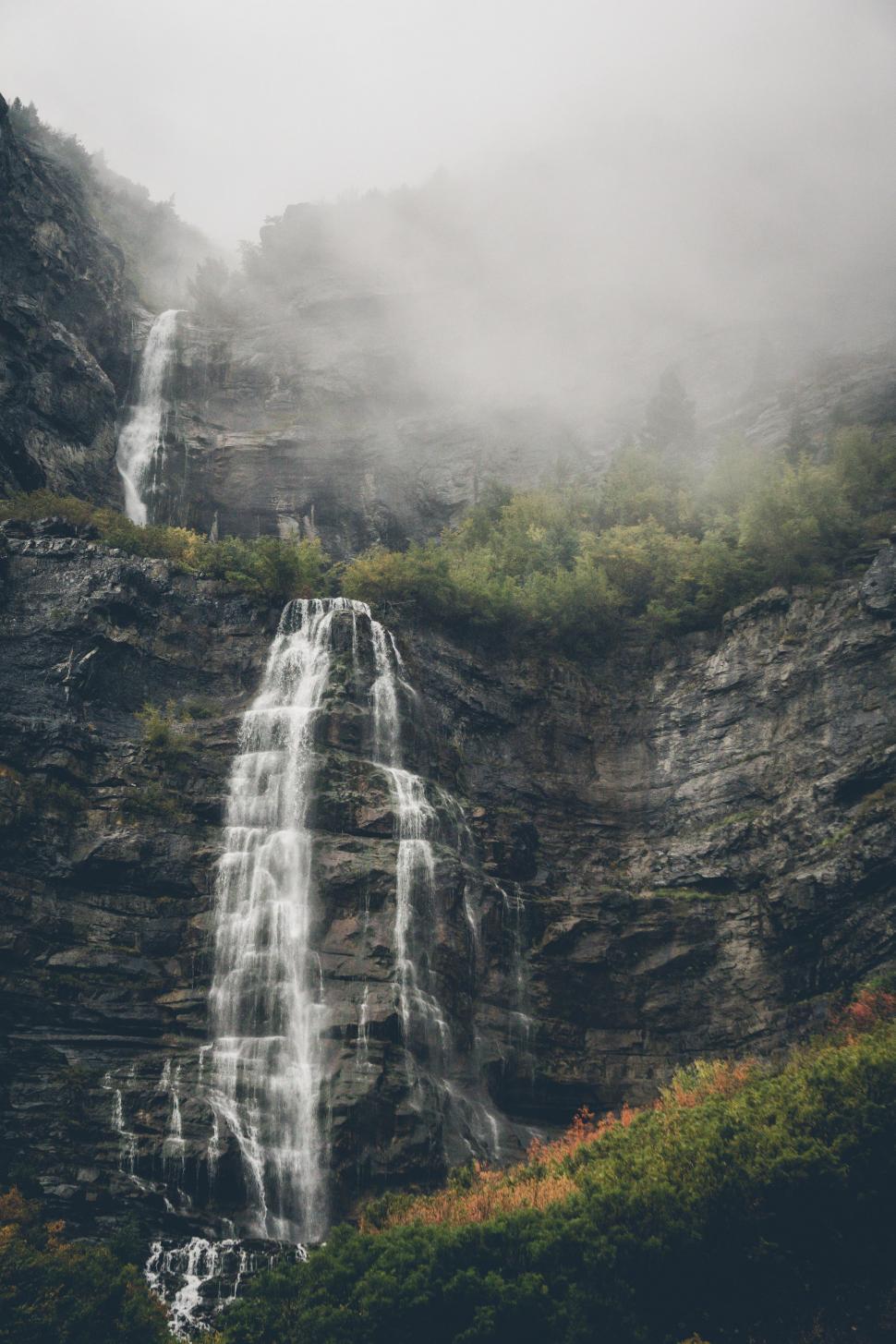 Free Image of Foggy Mountain Waterfall 
