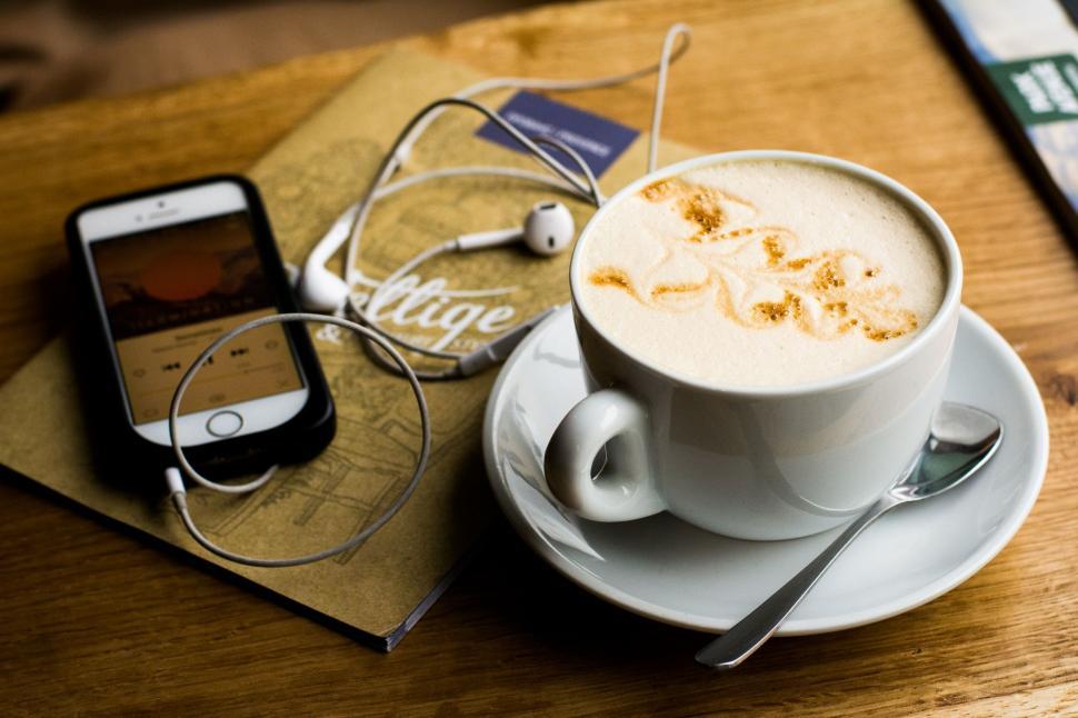 Free Image of Cappuccino Cup and Cell Phone on Saucer 