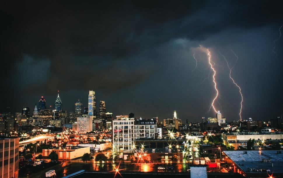 Free Image of Lightning Strikes Over City at Night 