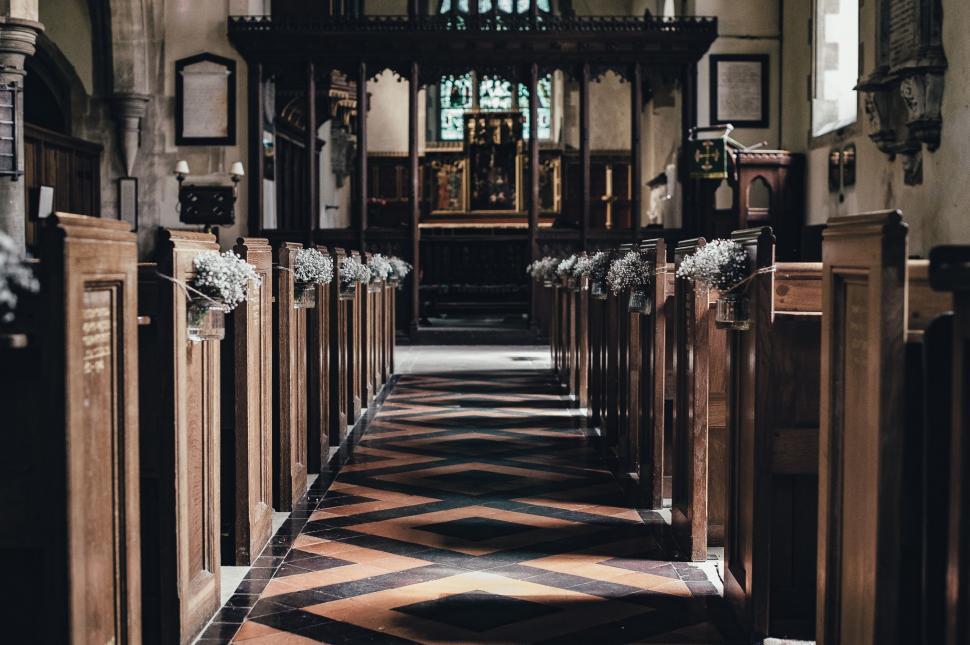 Free Image of A Church With Pews and Checkered Floor 