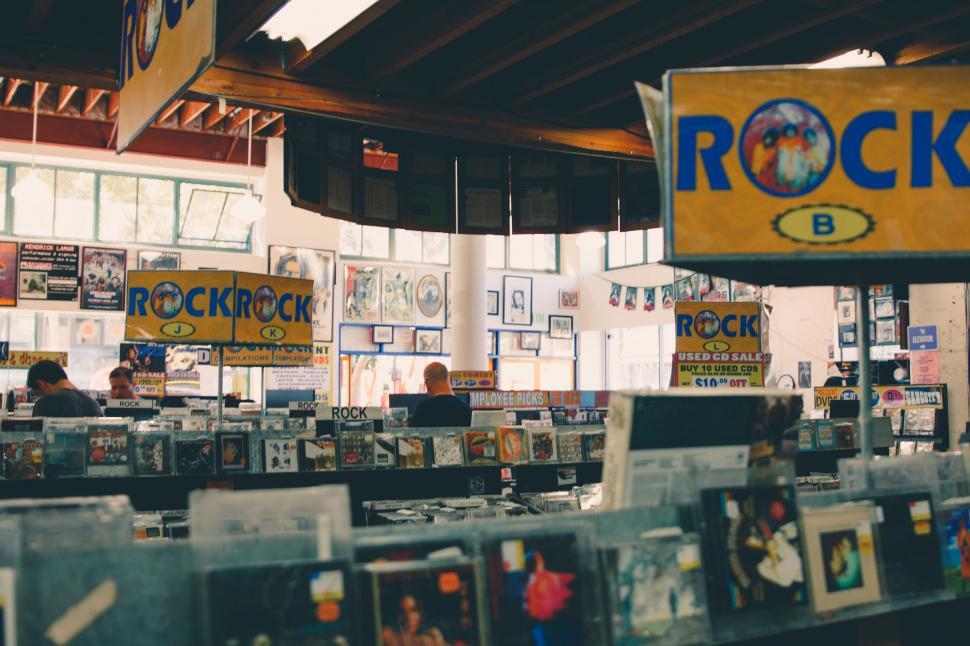 Free Image of Store With Rock Band Sign Hanging From Ceiling 