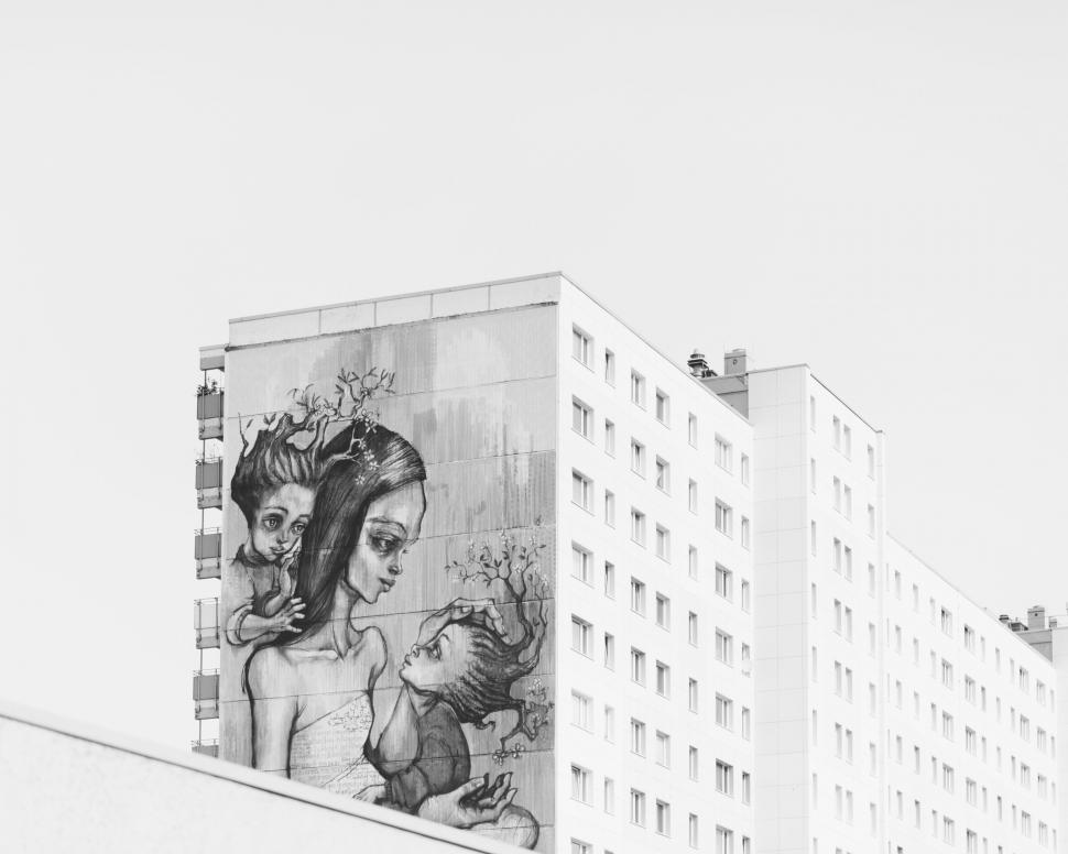 Free Image of Building With Mural in Black and White 