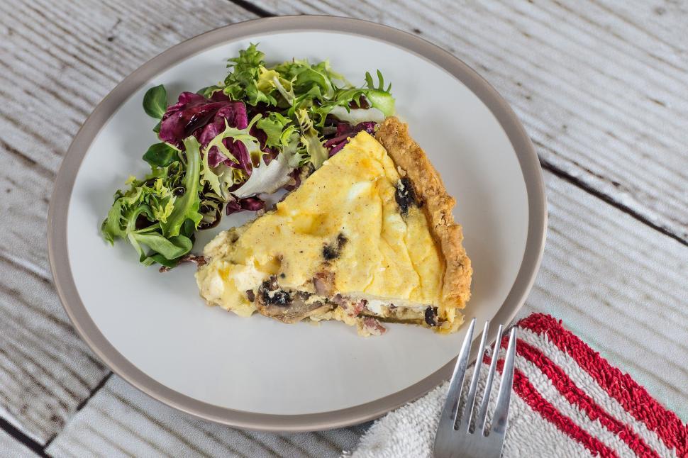 Free Image of White Plate With Quiche Slice and Salad 