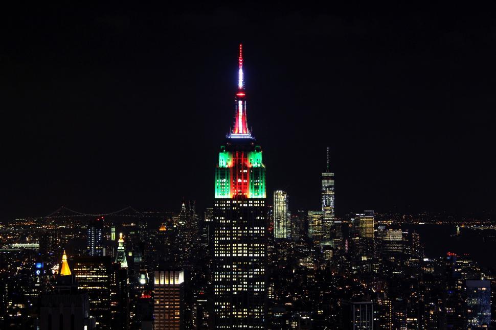 Free Image of Empire Building Illuminated in Green, Red, and White 