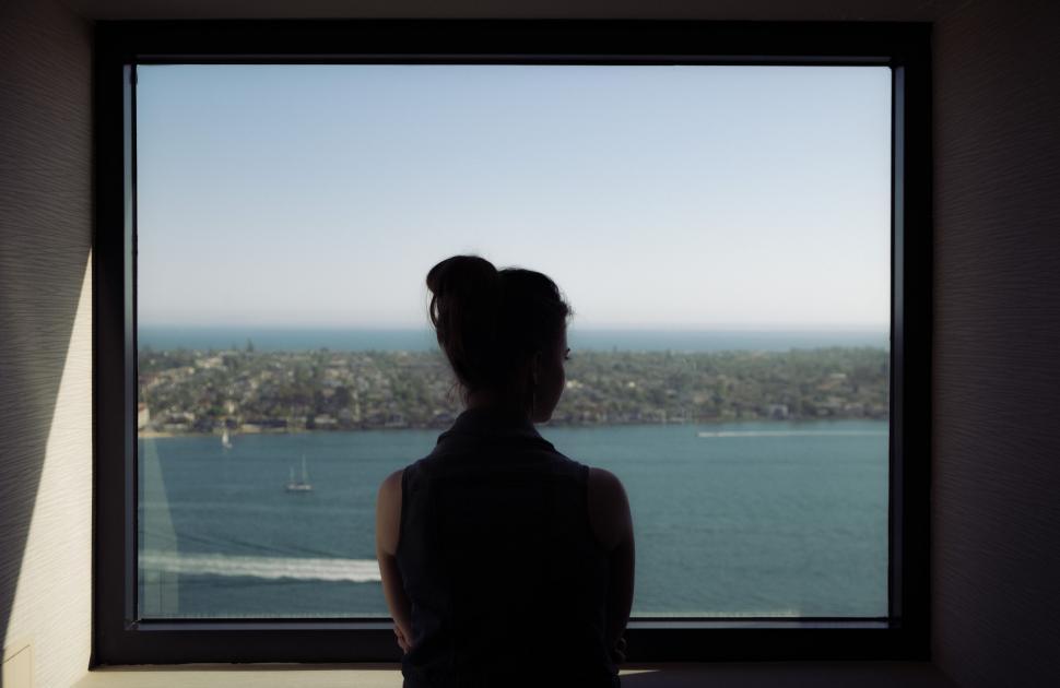 Free Image of Woman Standing in Front of Window Looking at Water 