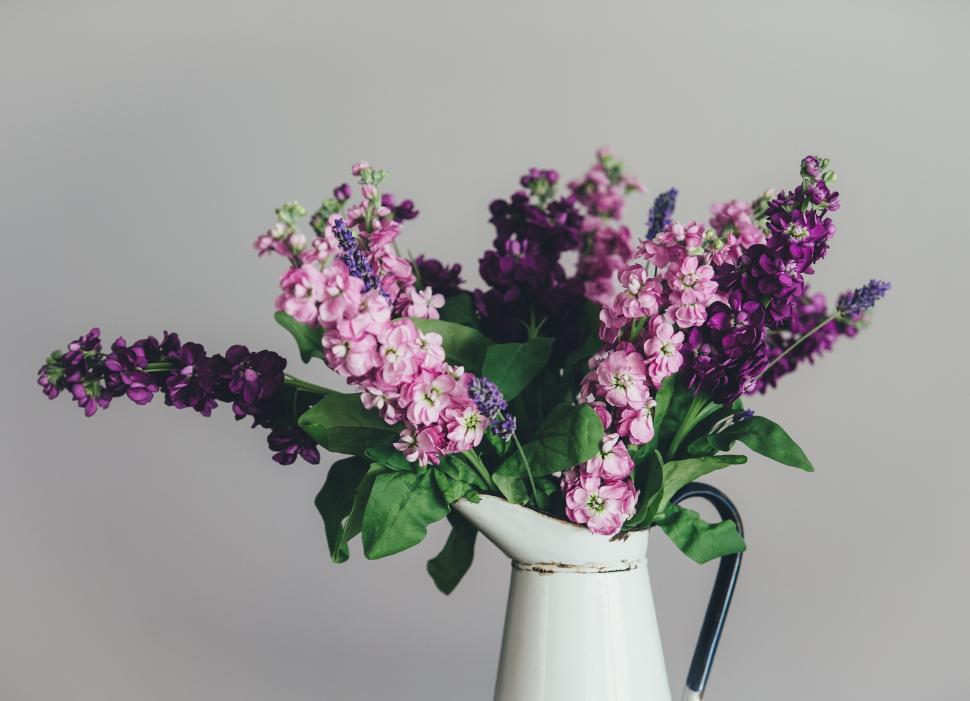 Free Image of White Vase Filled With Purple Flowers on Table 