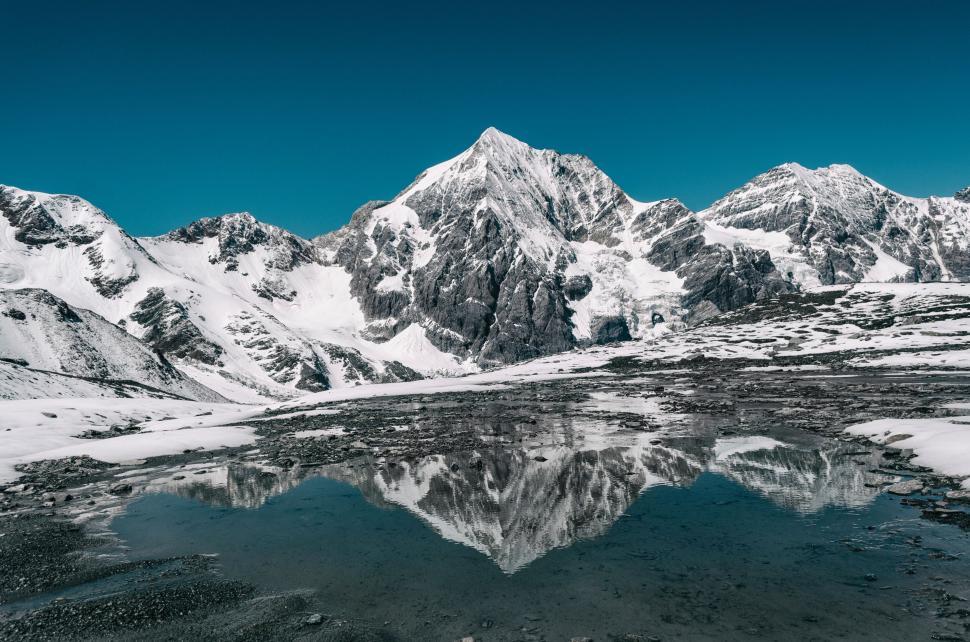Free Image of Snow-Covered Mountains Surrounding Lake Under Blue Sky 