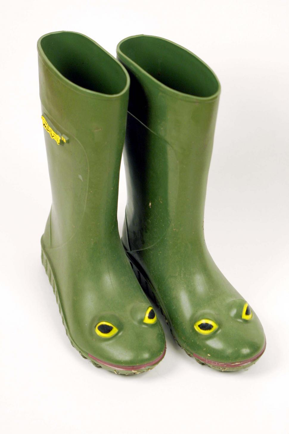 Free Image of Green Rain Boots With Yellow Eyes 