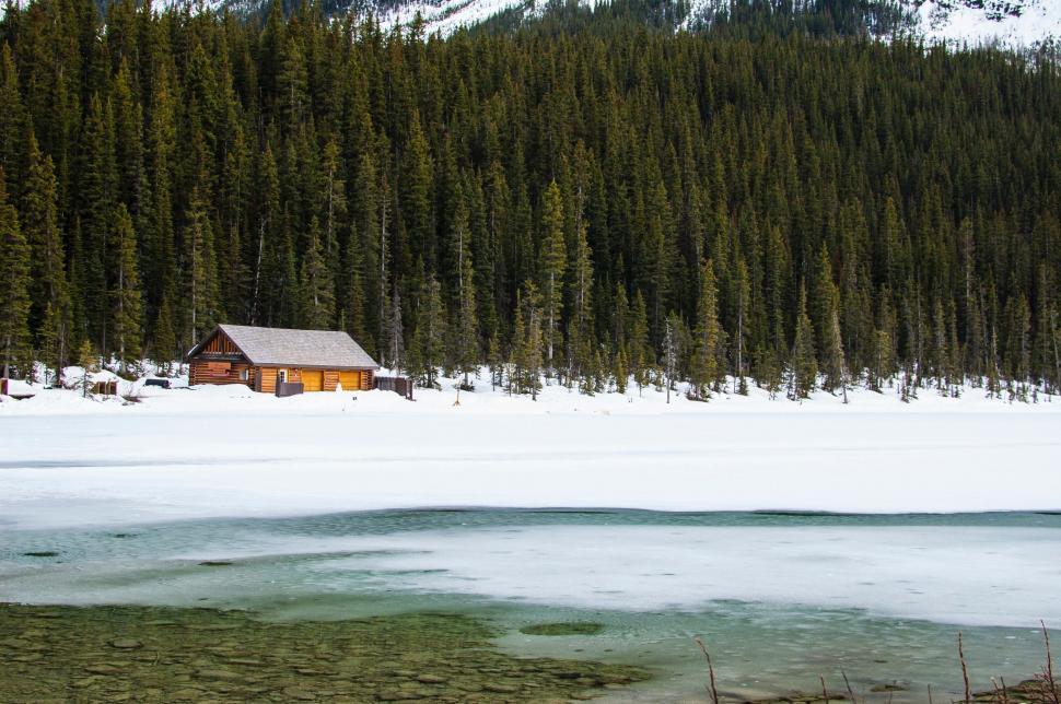 Free Image of Cabin on Frozen Lake Shore 