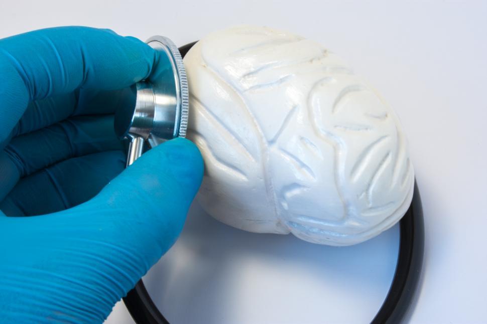 Free Image of The doctor examines the human brain with a stethoscope 