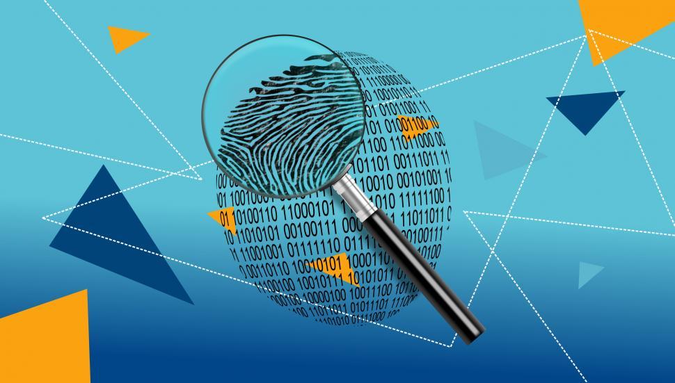 Download Free Stock Photo of Magnifying Glass Over Digital ID Fingerprint 