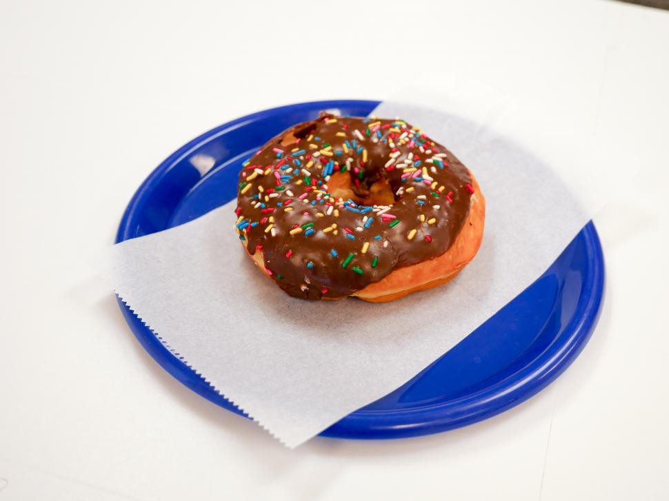 Free Image of Chocolate donut on a blue plate 