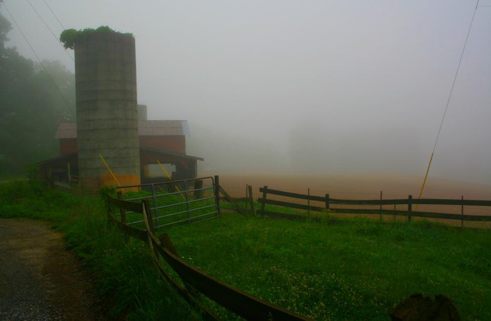 Free Image of Farm silo on a misty morning  