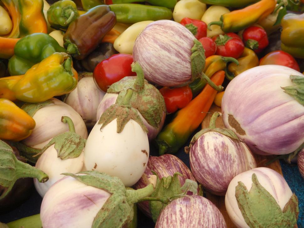Free Image of Eggplants and peppers 