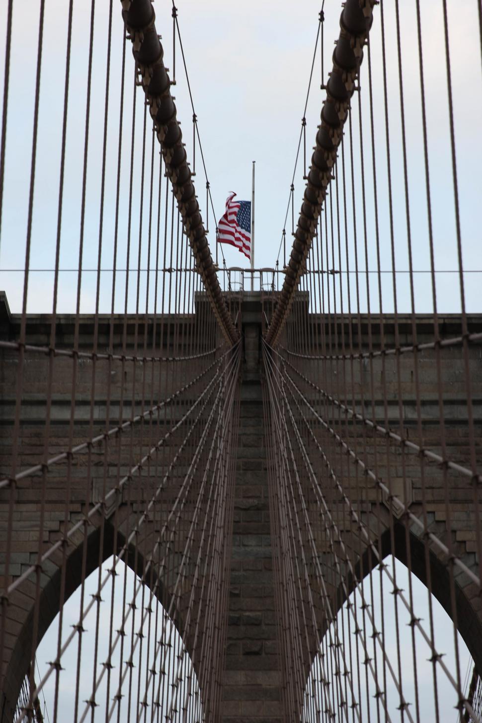 Free Image of American flag on a suspension bridge 