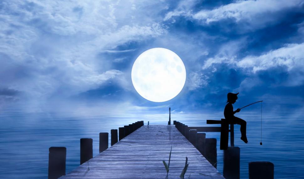 Download Free Stock Photo of fishing under moonlight  