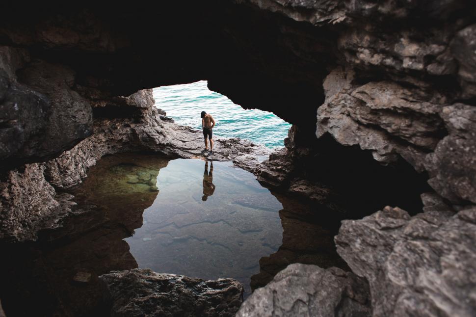 Free Image of An explorer looks at his reflection in water in the cave 