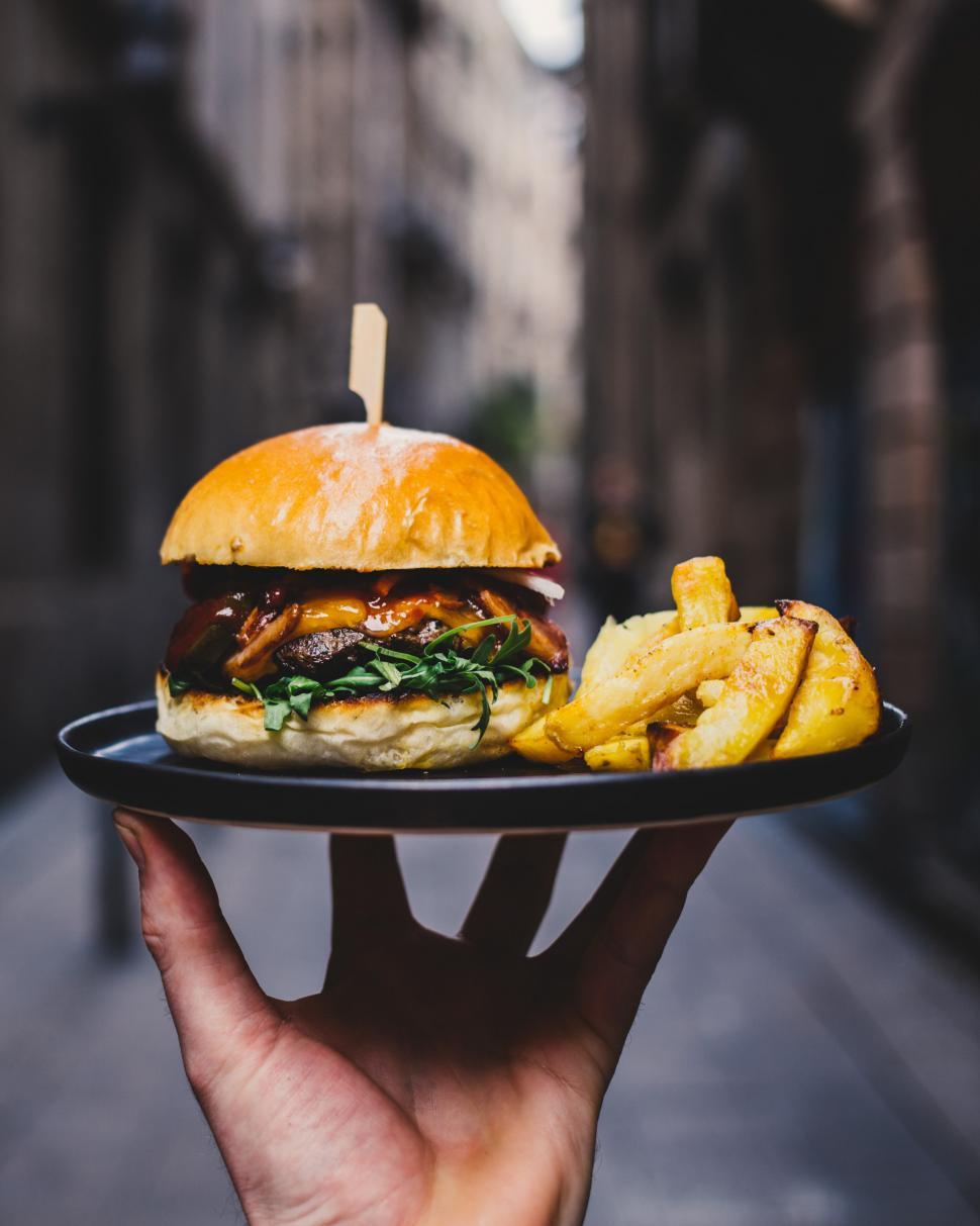Download Free Stock Photo of Hamburger and fires served on a platter 