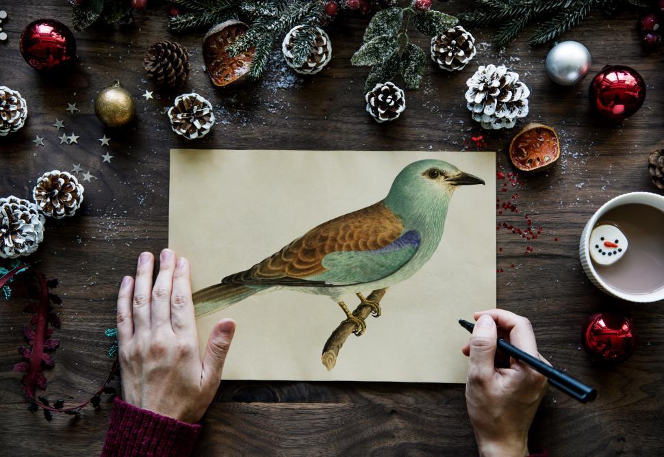 Free Image of Close up of hands holding and writing on a bird s picture surrou 