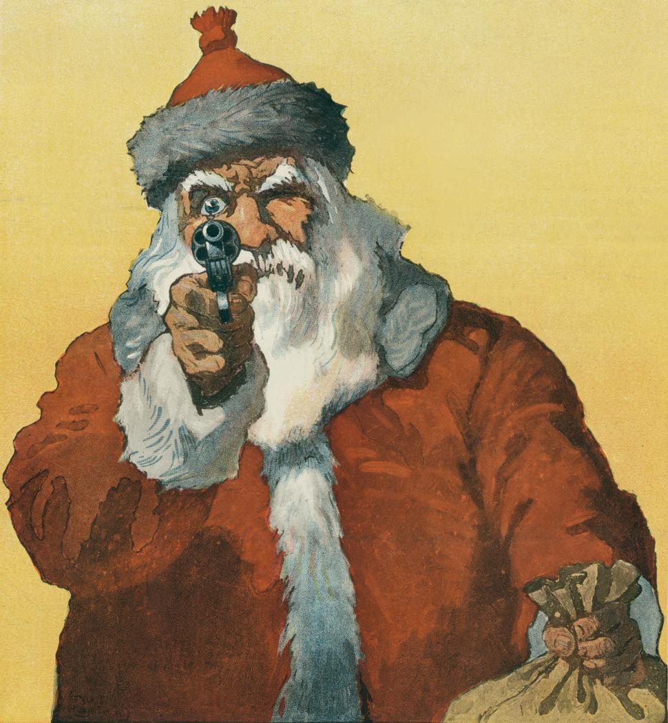Free Image of Portrait painting of Santa Claus pointing a pistol and aiming 