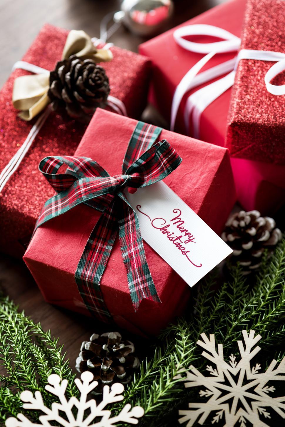 Free Image of Close up of Christmas gift boxes 