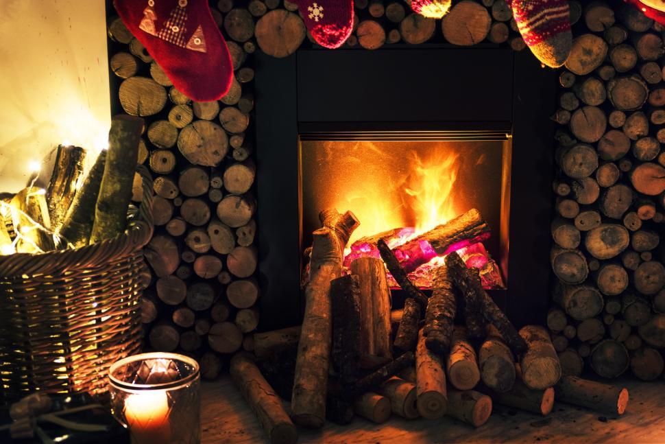 Free Image of Close up of a fireplace during Christmas 