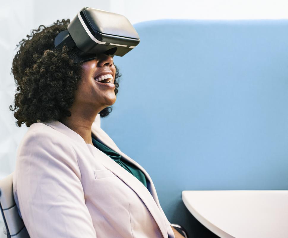 Download Free Stock Photo of Close up of a woman wearing a virtual reality headset 