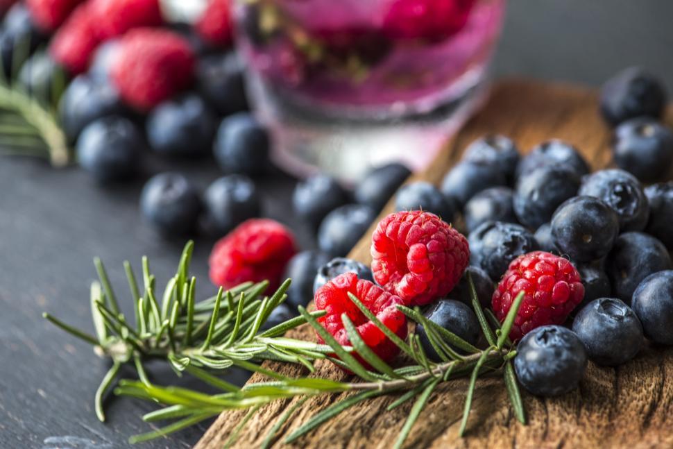 Free Image of Close up of raspberries and blueberries 