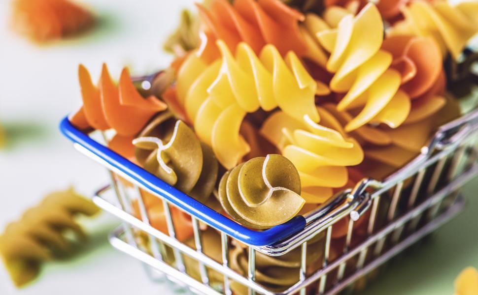 Free Image of Rotini pasta in a steel wire basket 