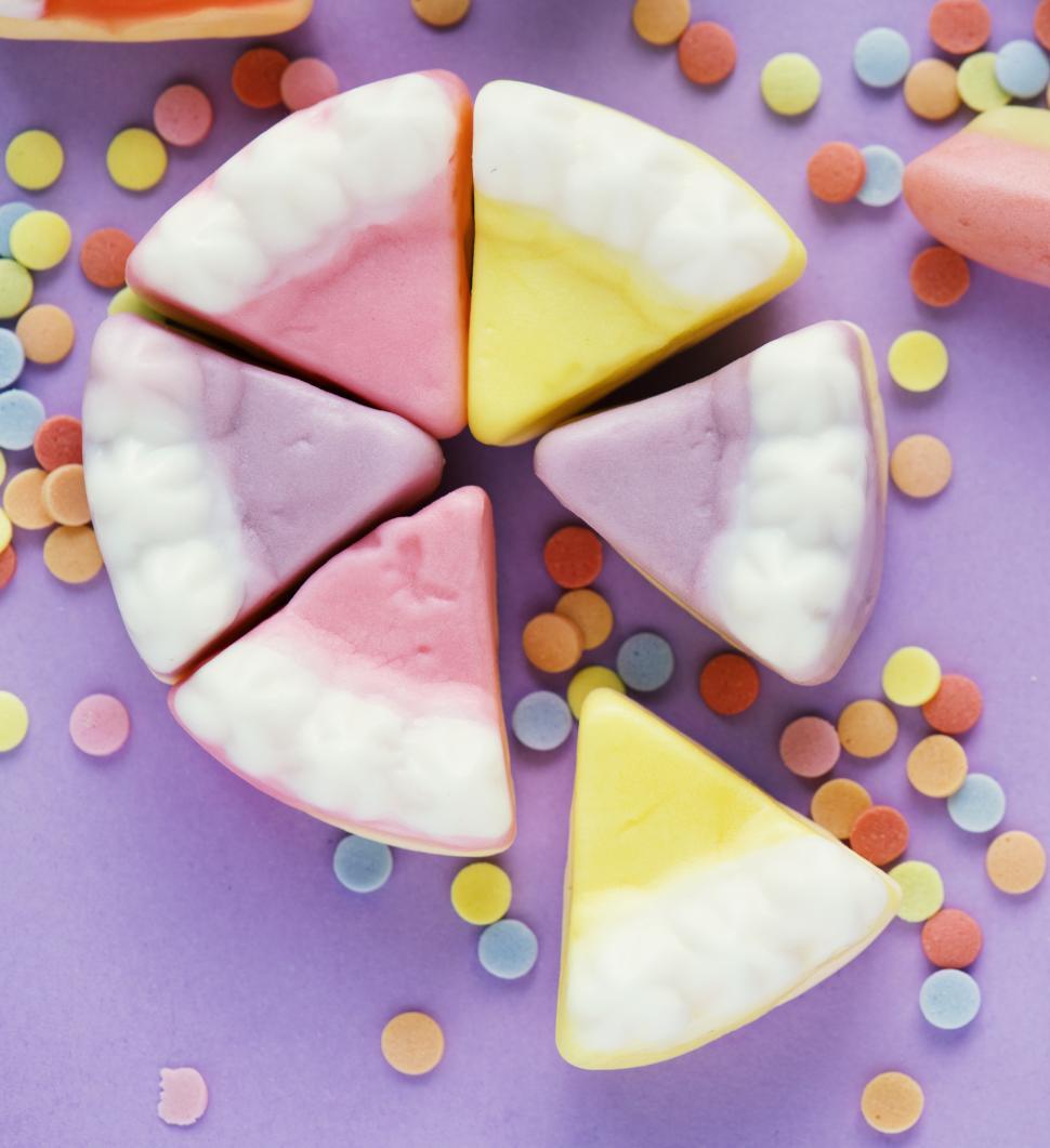 Free Image of Flat lay of cake shaped candies 