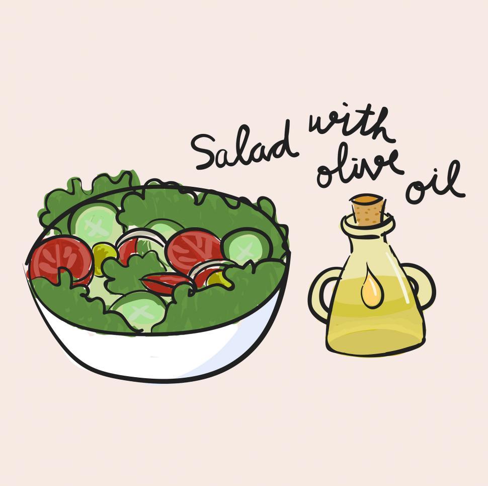 Free Image of Fresh Salad With Olive Oil and Bottle of Olive Oil 