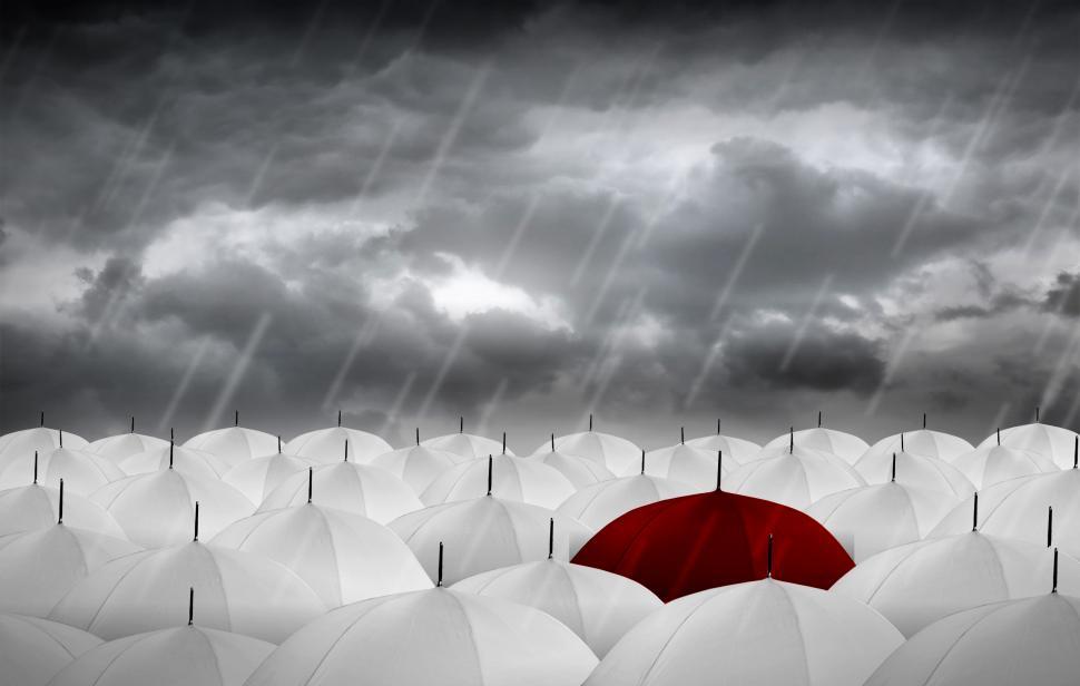 Download Free Stock Photo of Red Umbrella vs White Umbrellas - Be Different 