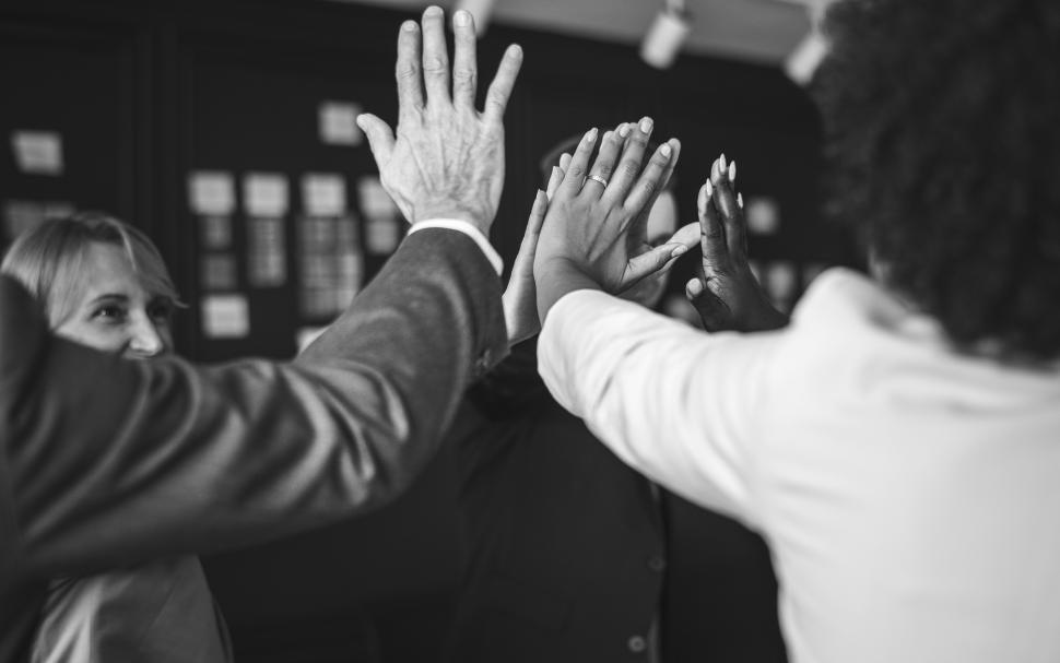 Free Image of Black and white image of coworkers giving high five in the office 