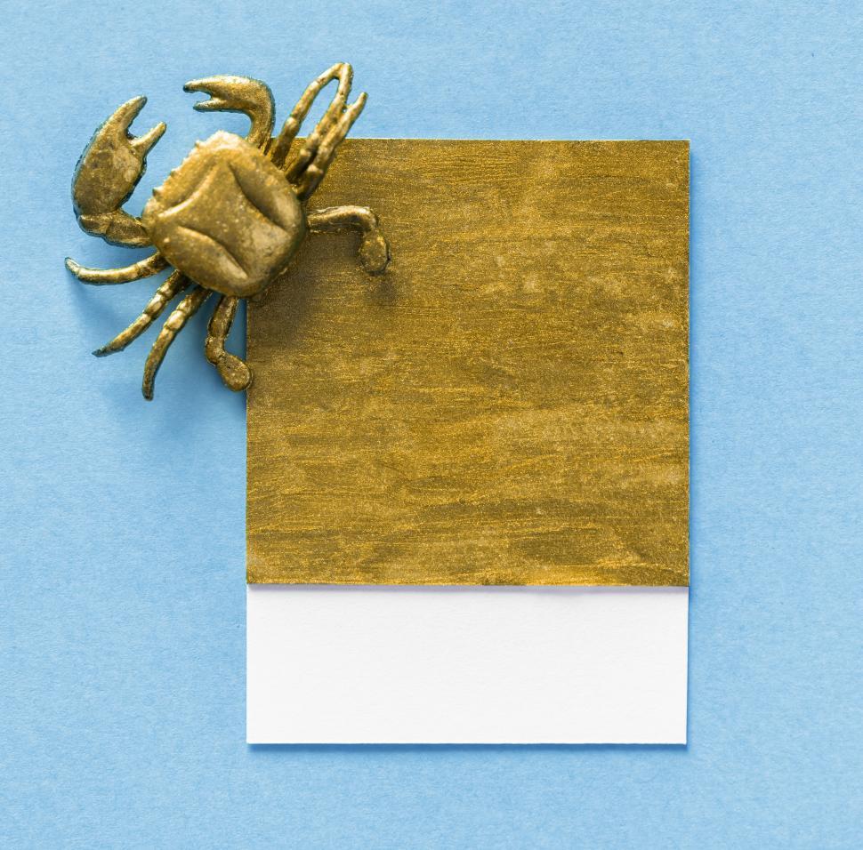 Free Image of Flay lay of a miniature toy crab on a glittery spaced cardboard frame 