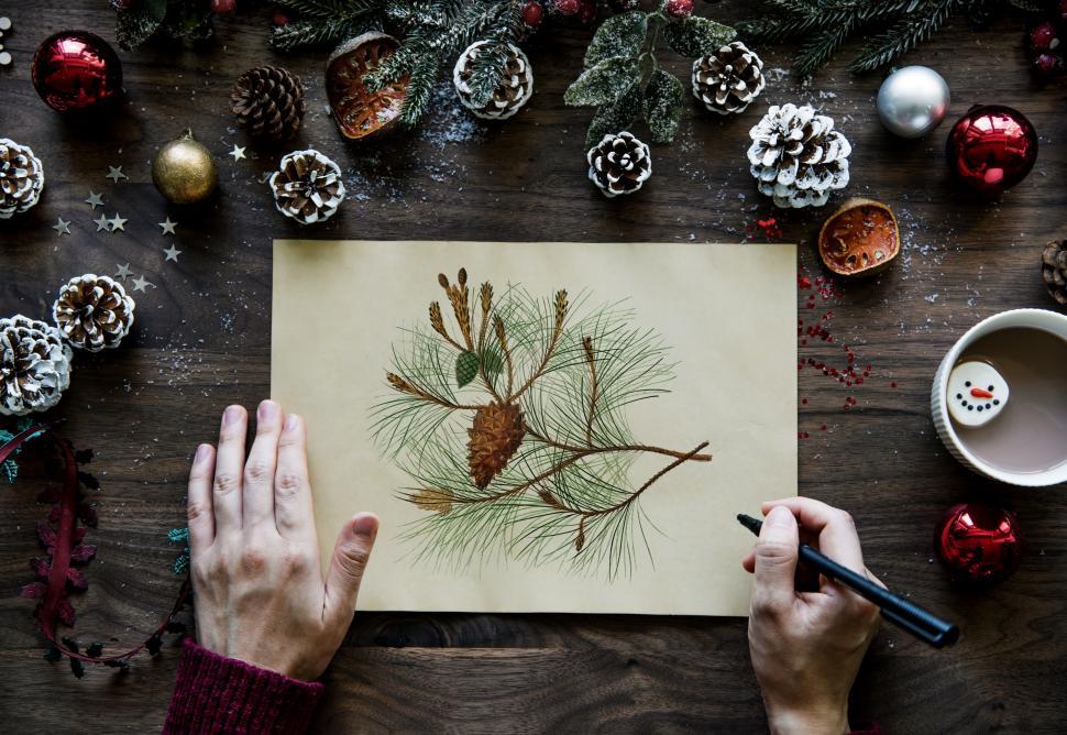 Free Image of Over the dead view of hands holding a pine cone sketch 