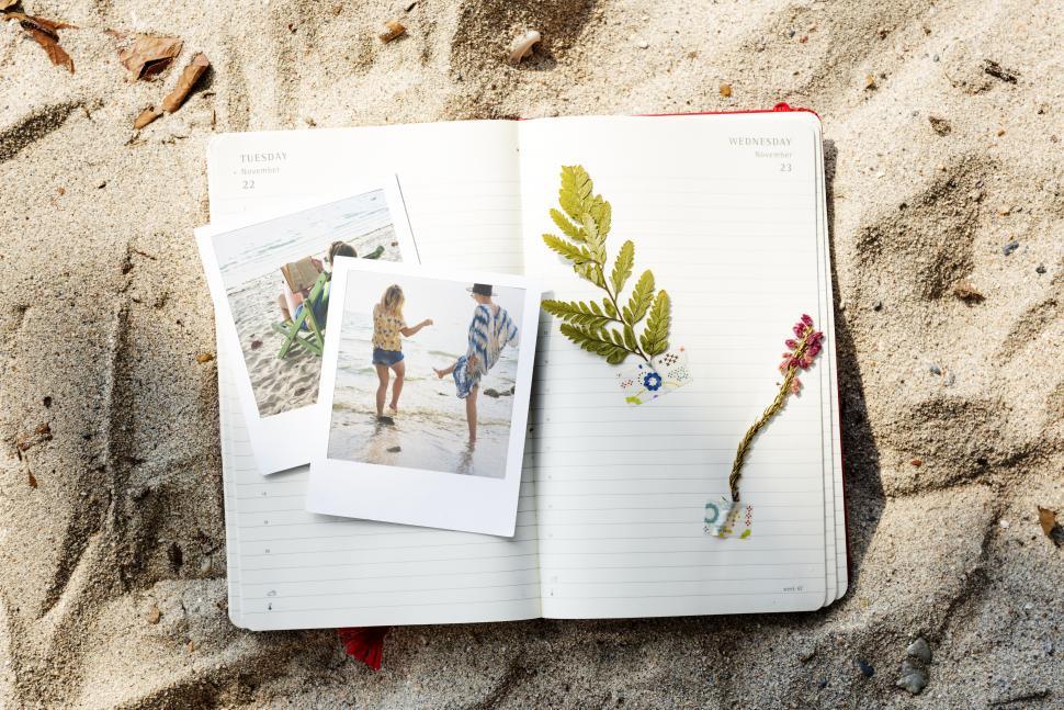 Free Image of Scrapbooking photos and plants on diary pages on the beach sand 