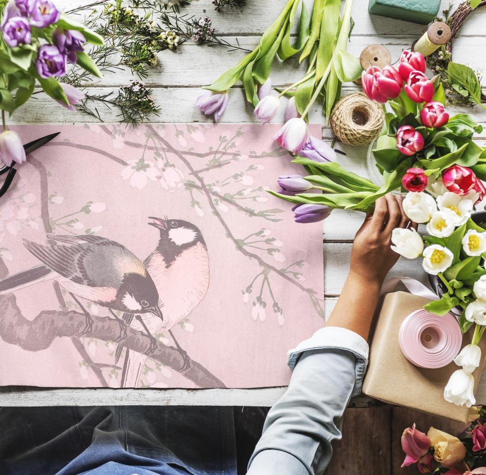 Free Image of Flat lay of a florist table with bird background 
