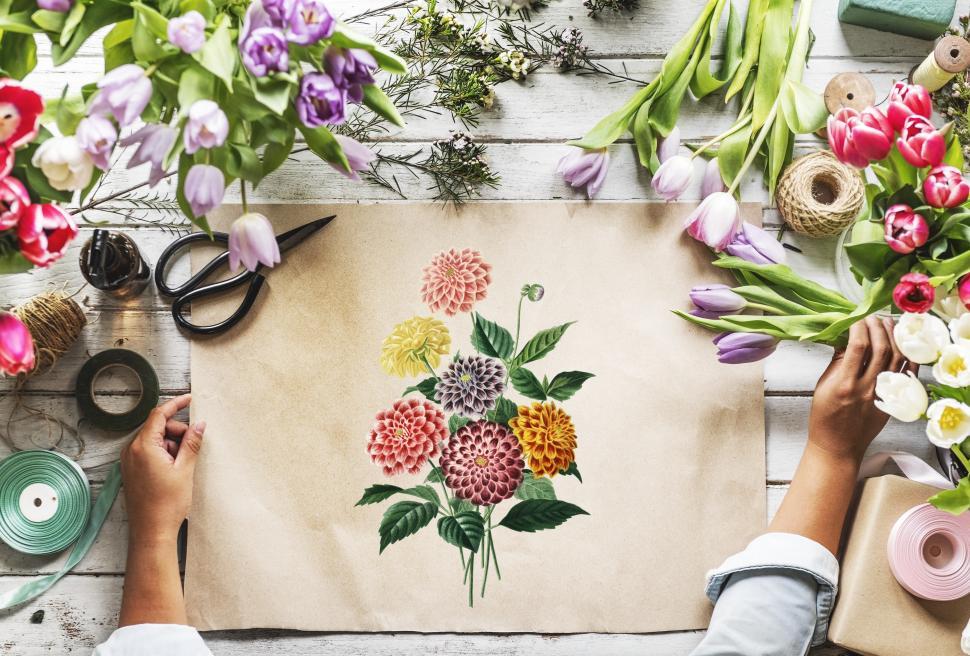 Free Image of Flat lay of a florist workspace 