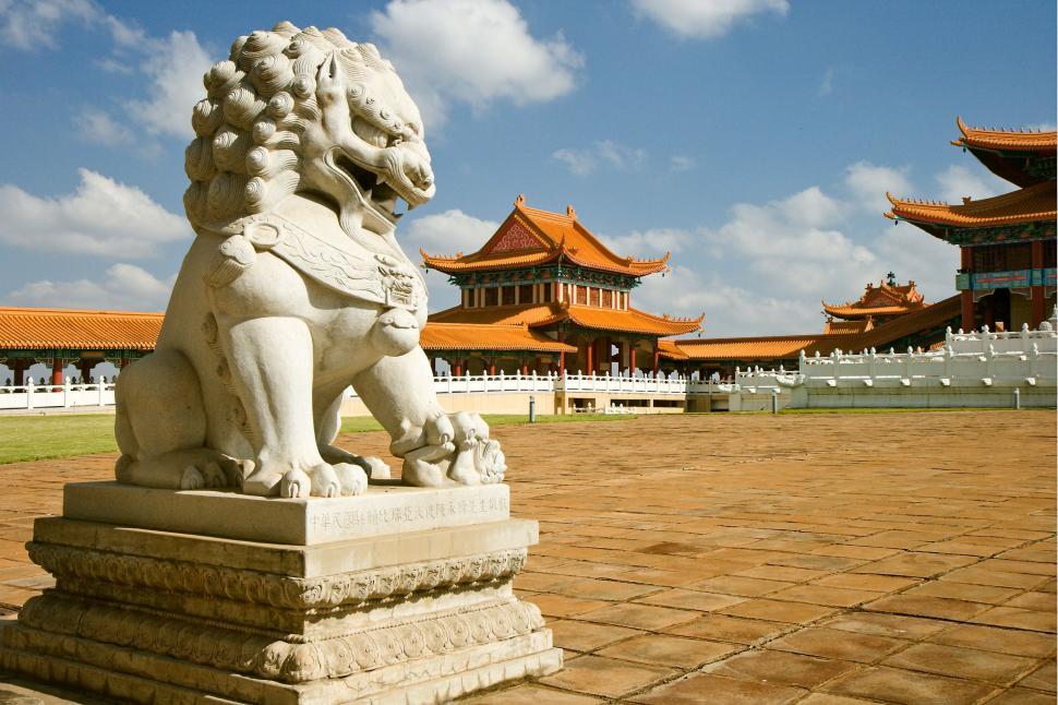 Free Image of temple buddhism religion worship nan hua temple south africa architecture culture religious fo guang shan buddhist monastery building asia asian lion statue place 