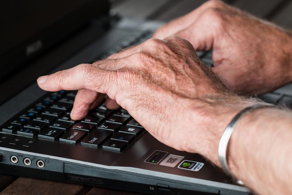 Download Free Stock Photo of hands old typing laptop internet working writer old person elderly age aged mature wrinkled aging finger capable arthritis journalism author email senior ageism hand 