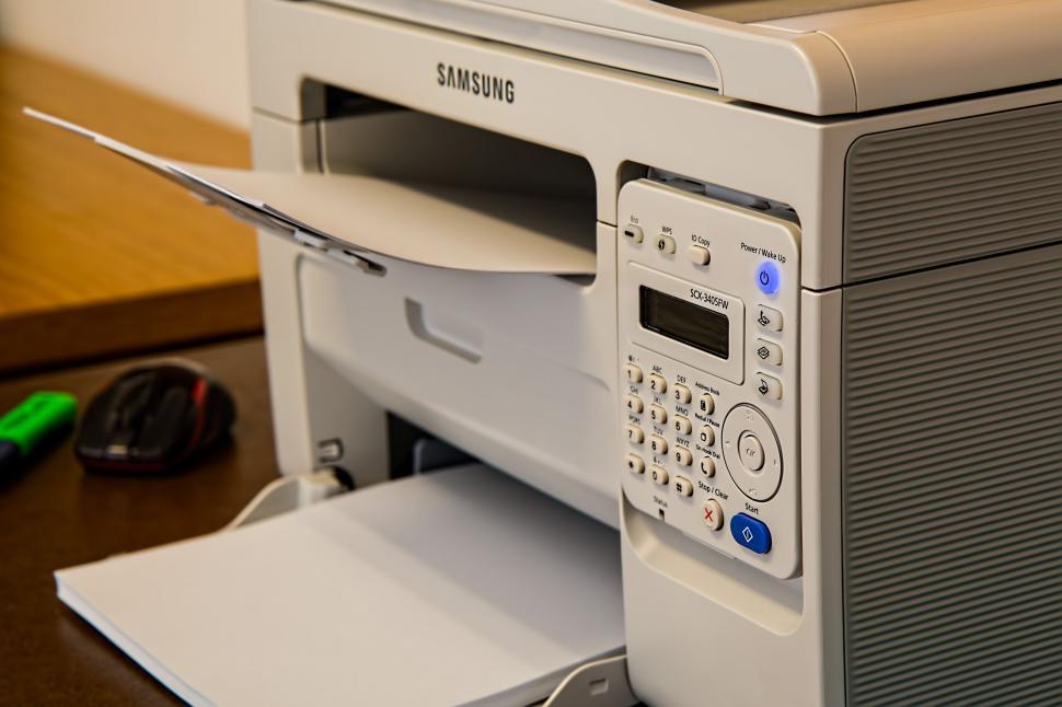 Free Image of printer desk office fax scanner home office technology duplicator copier laser printer wireless printer 
