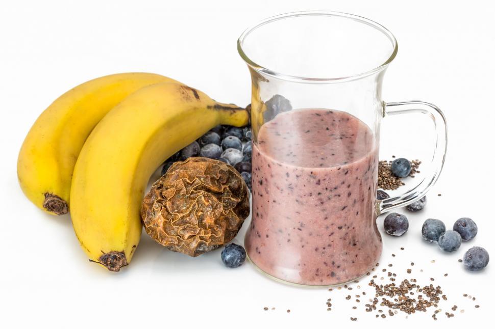 Free Image of smoothie blueberry banana granadilla chia seeds vegetarian diet organic healthy nutrition lifestyle fitness dieting vegan 