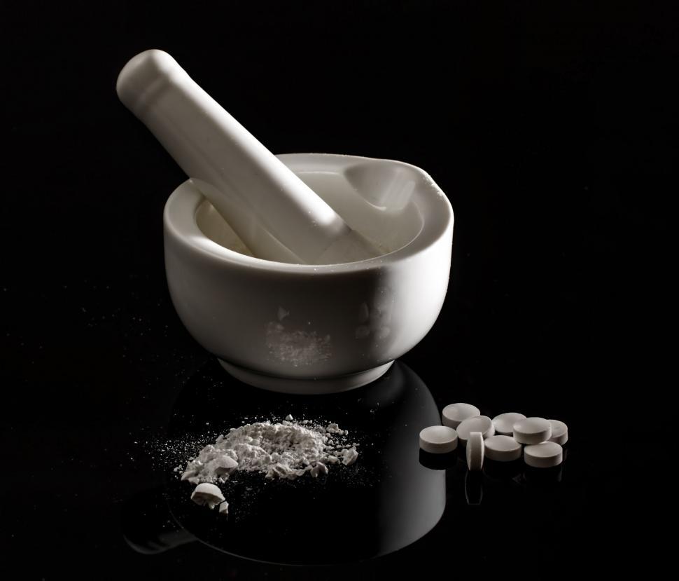 Free Image of Mortar, Mortar, and Pills on Table 