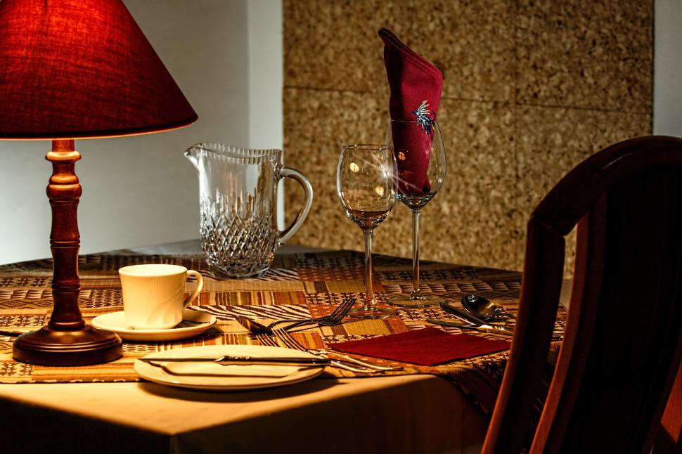 Free Image of Red Lamp on Dining Room Table 