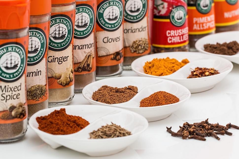 Free Image of spices flavorings seasoning food ingredient spicy flavor flavouring cooking taste cuisine hot powder condiment aromatic relish ginger cinnamon cumin cloves coriander chilli paprika turmeric allspice 