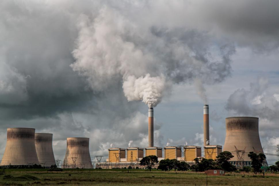 Free Image of power station energy electricity environmental stack coal smog chimney smokestack cooling towers eskom power grid power generation industry pollution environment smoke exhaust fumes 