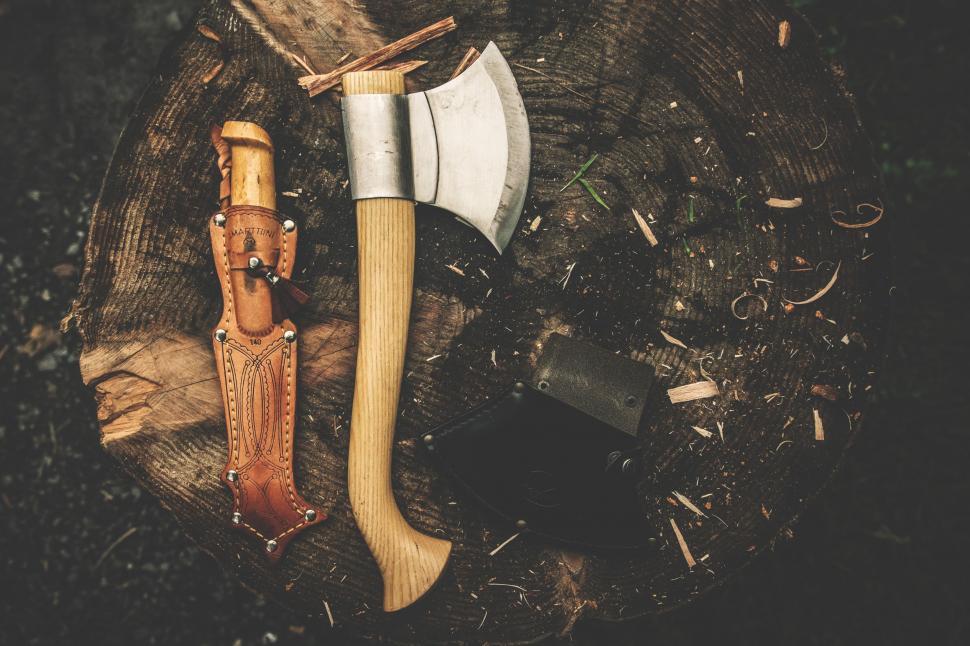 Download Free Stock Photo of axe campingmesser knife retro log weapons 
