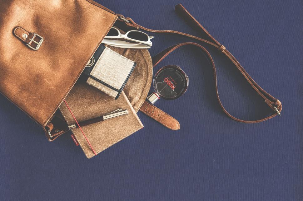 Free Image of Brown Purse With Scissors and Items 