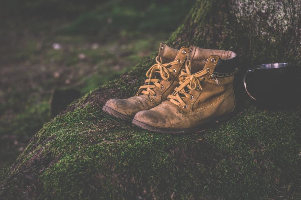 Download Free Stock Photo of boots cup daylight shoes grass hiking hiking shoes leather shoes man in the free park human recovery travel tree used wood worn 
